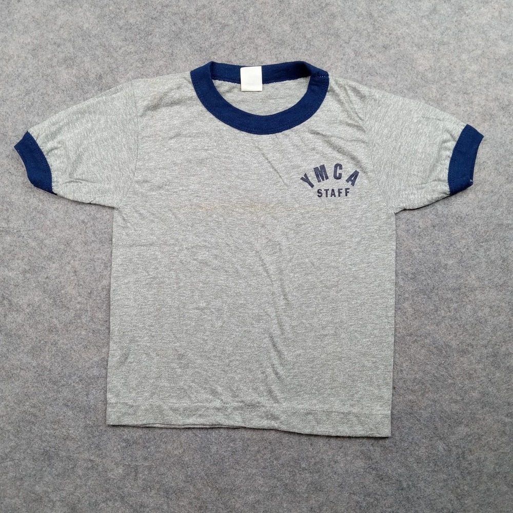 Vintage YMCA Shirt‎ Youth 8 Gray Navy Ringer Tee Spencer's 50/50 Crewneck Staff